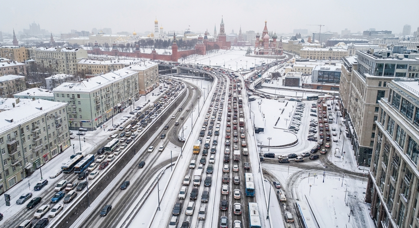 Москва встала в восьмибалльных пробках из-за снегопада. Заторы охватили центр и основные магистрали