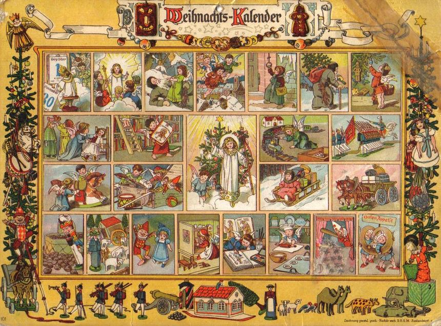 Адвент-календарь от Im Lande des Christkinds. На дверцах рождественские стихи. На них наклеены изображения с вырезанного листа, 1903 год
