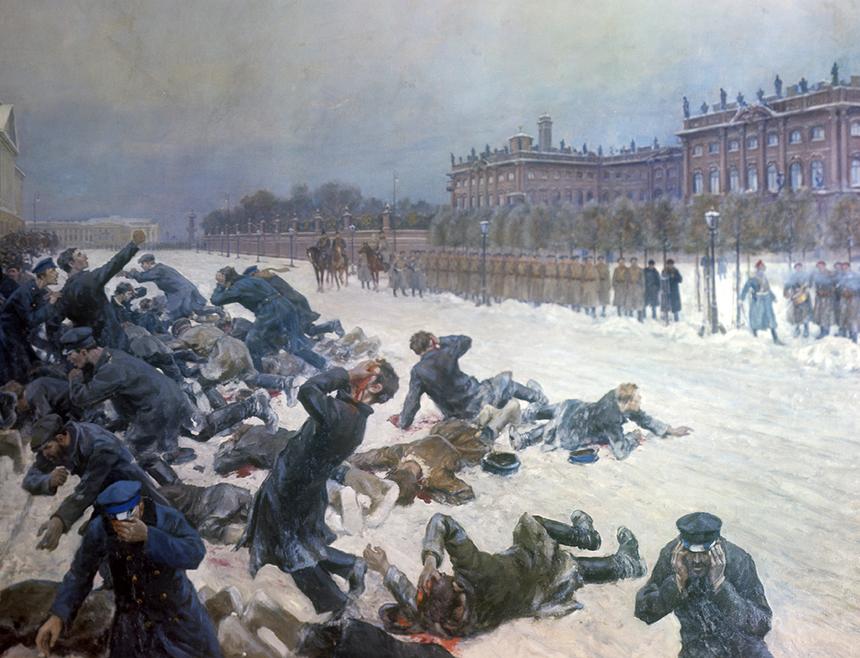 Картина "Расстрел рабочих у Зимнего дворца в Петербурге 9 (22) января 1905 года". Художник Иван Владимиров