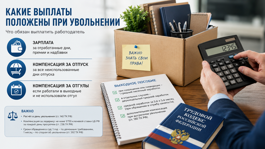 Какие выплаты положены при увольнении в 2026 году. Сколько и за что обязан заплатить работодатель